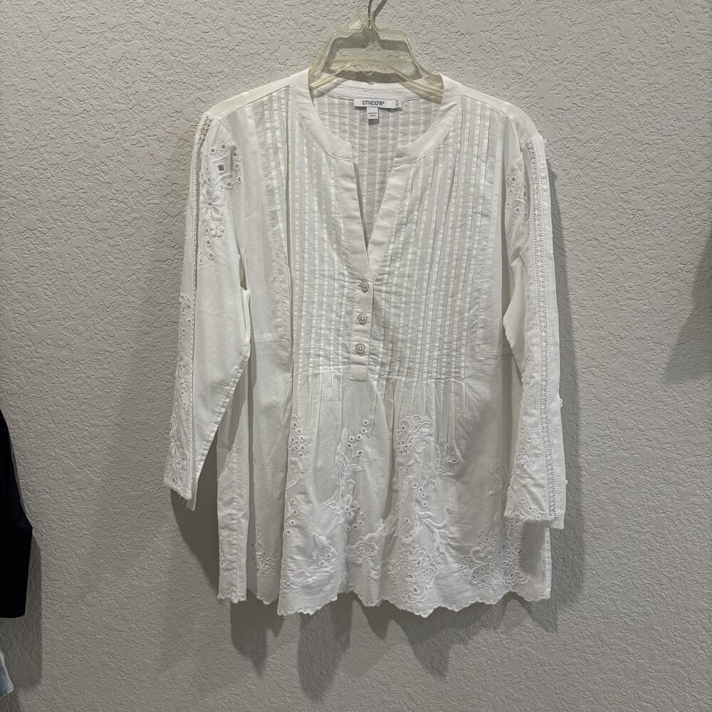 Chicos Womens White Embroidered Tunic Top Size 2 Large Boho Cotton